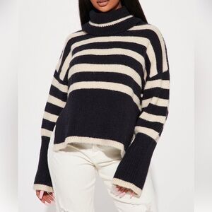 Fashion Nova Black and Cream Striped Turtleneck Sweater